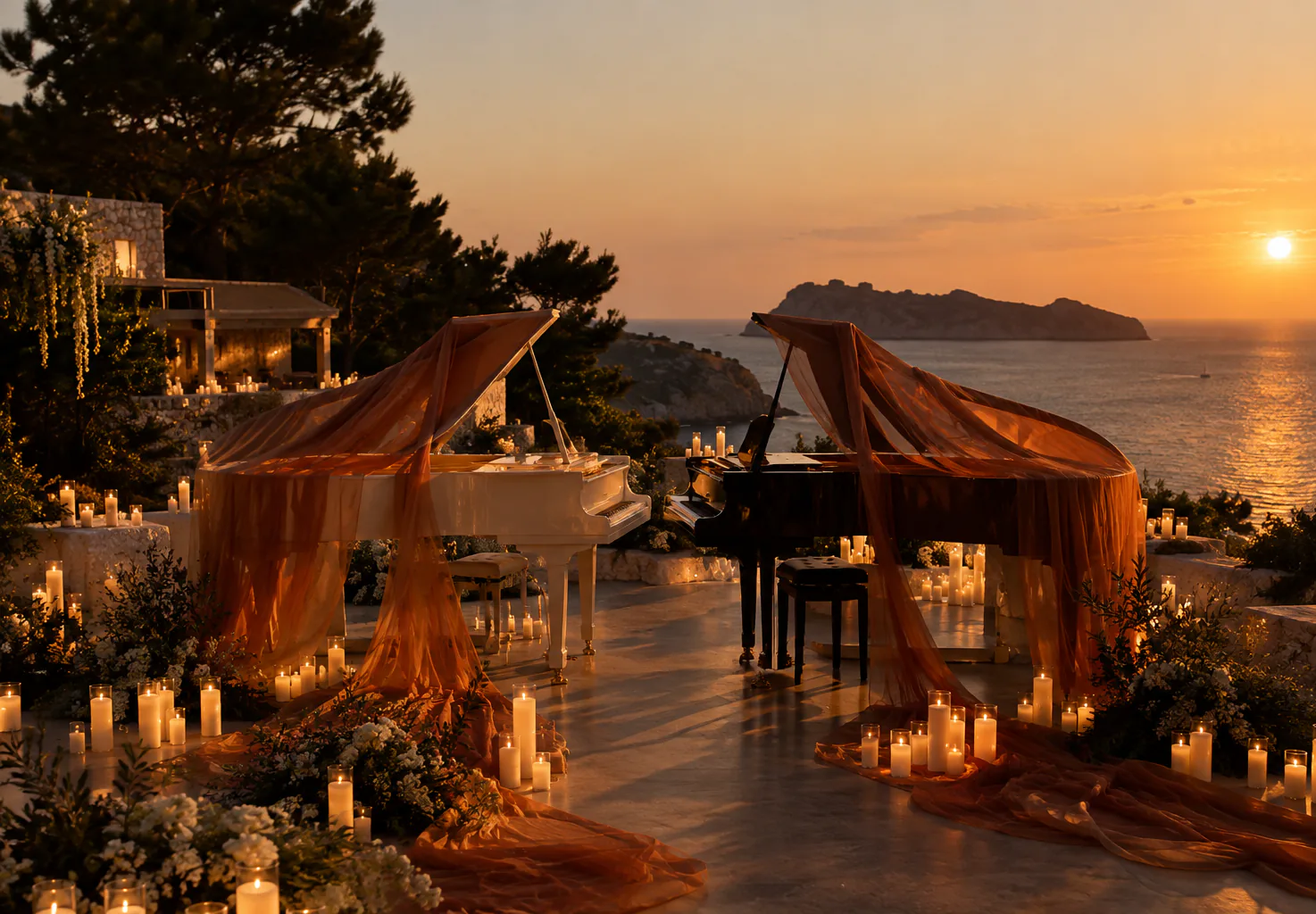Dos pianos de cola, uno blanco y otro negro, enfrentados en una terraza sobre el mar al atardecer, envueltos en velos anaranjados y rodeados de velas